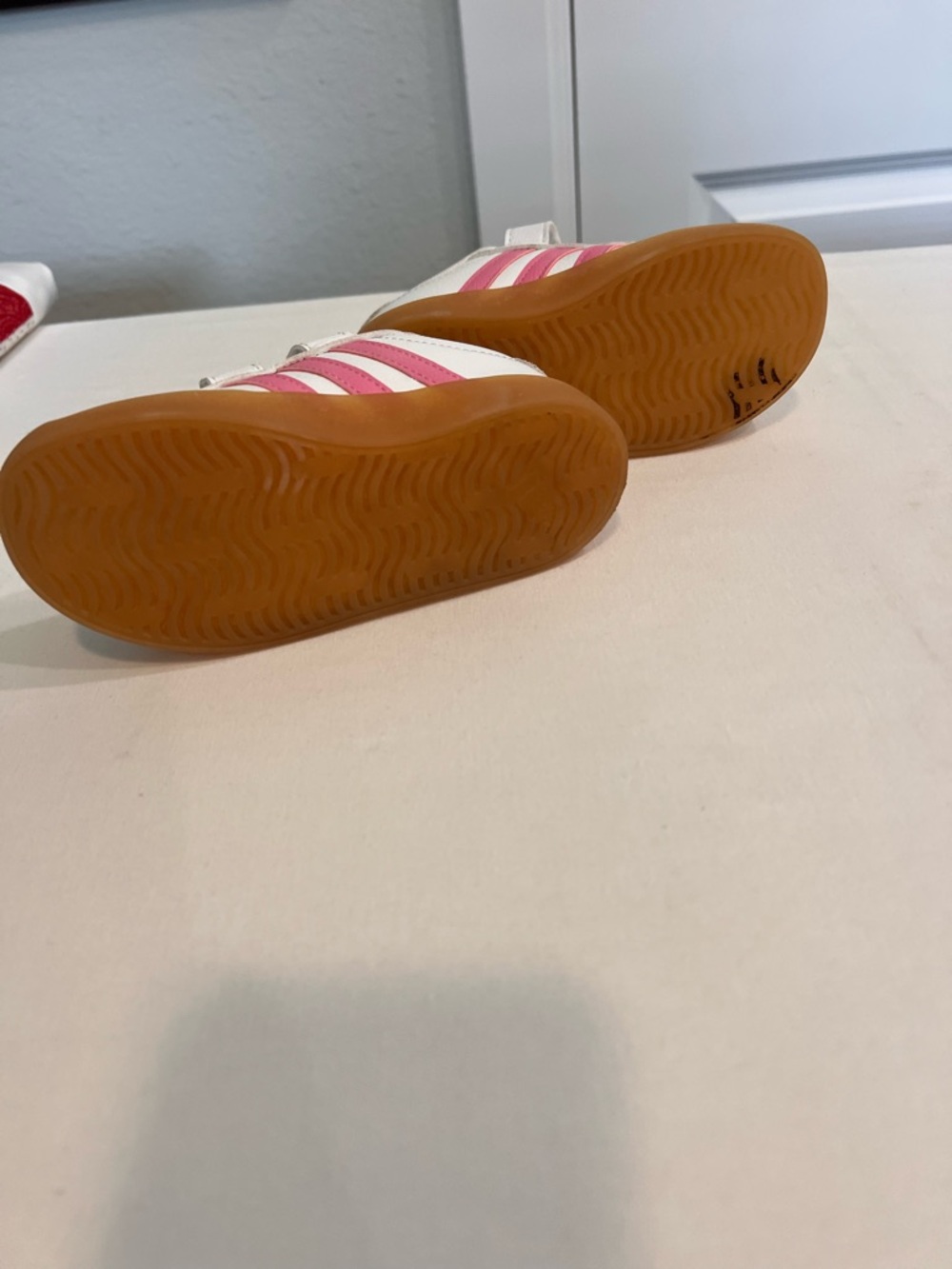 adidas White Kids Sneakers with Pink Stripes and Gum Sole - Velcro - Picture 6 of 8